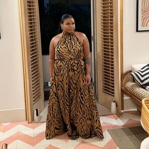 Satin Brown Tiger Print Halter Dress